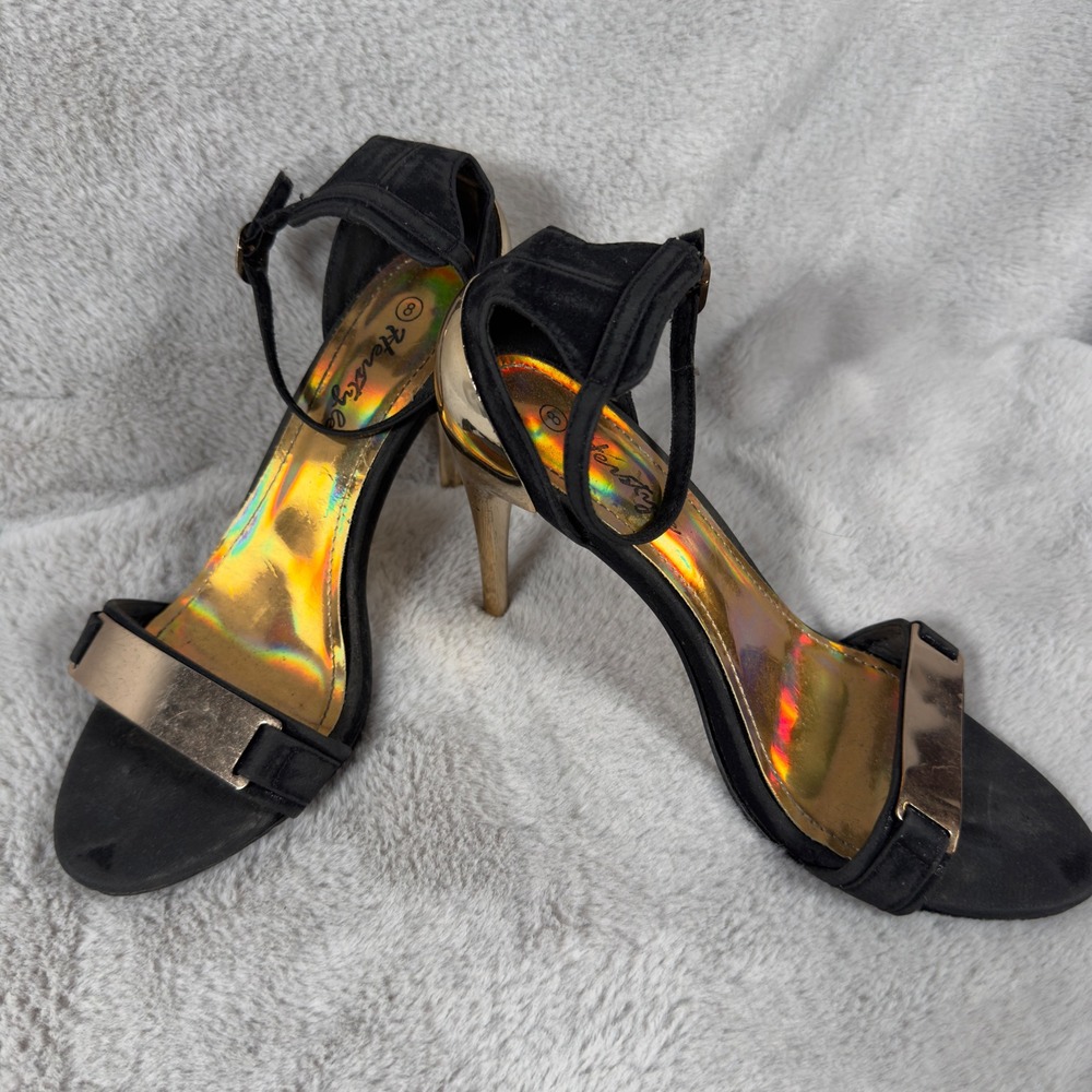 Herstyle Womens Black Faux Suede Stiletto Sandals Gold Metallic‎ Hardware Size 8